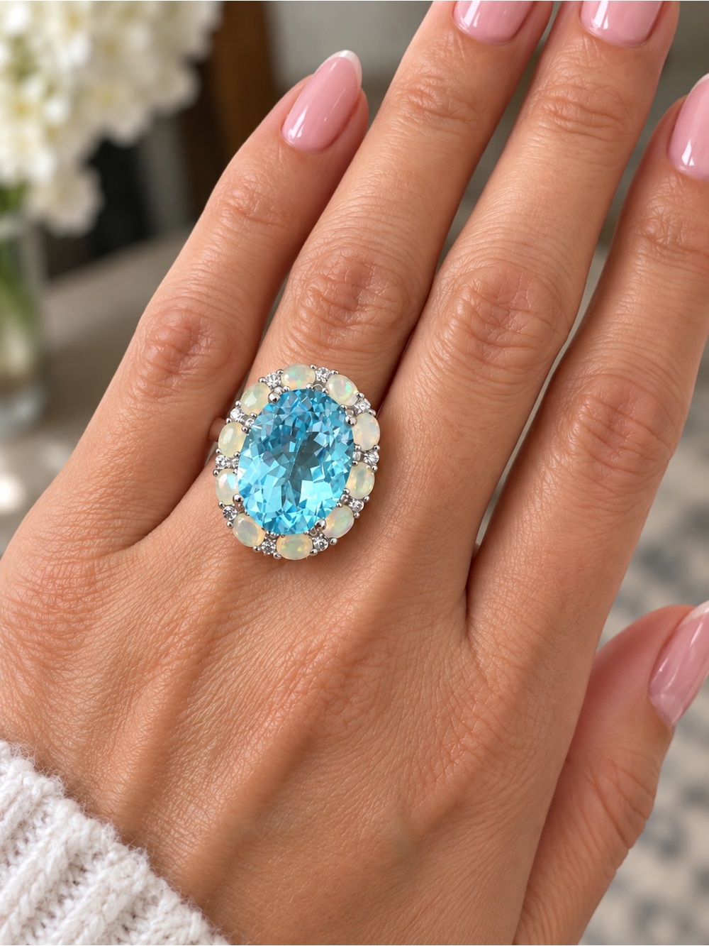 Blue Topaz and Opal Halo Cocktail Ring • Size 5 • NEW IN BOX